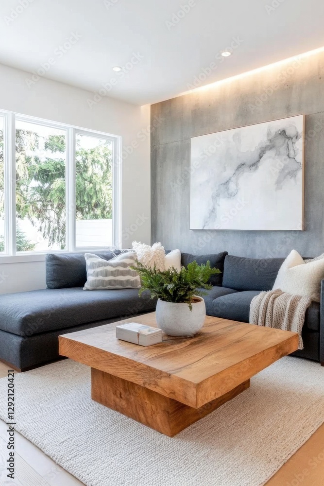 Fototapeta premium Modern minimalist living room, deep charcoal gray linen sofa wrapped in chunky knit wool throw, textured concrete accent wall with warm LED backlighting