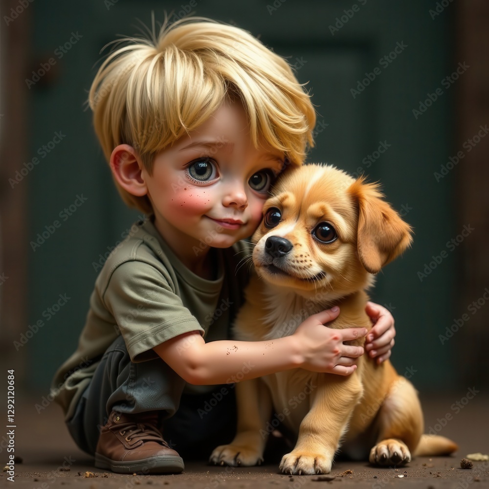 A young boy with blonde hair embraces a small adorable puppy. They sit together on the ground in a warm inviting outdoor area that shows hints of nature and warmth. A young boy with blonde hair embraces a small adorable puppy. They sit together on the ground in a warm inviting outdoor area that shows hints of nature and warmth.