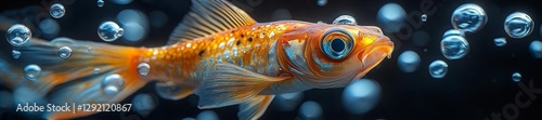 Close-Up of a Goldfish Swimming Among Bubbles in Clear Water. Generative AI photo