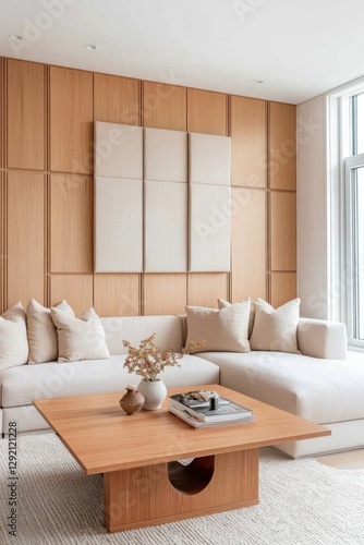 Ultra cozy living room  oversized modular sofa made of plush velvet cushions  sculptural fabric paneled accent wall with recessed lighting  floating wooden