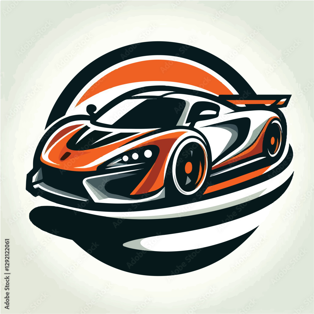 Naklejka premium This image is a vector graphic of a sports car. The car is orange and white with black accents, and is set against an orange and black circular background.