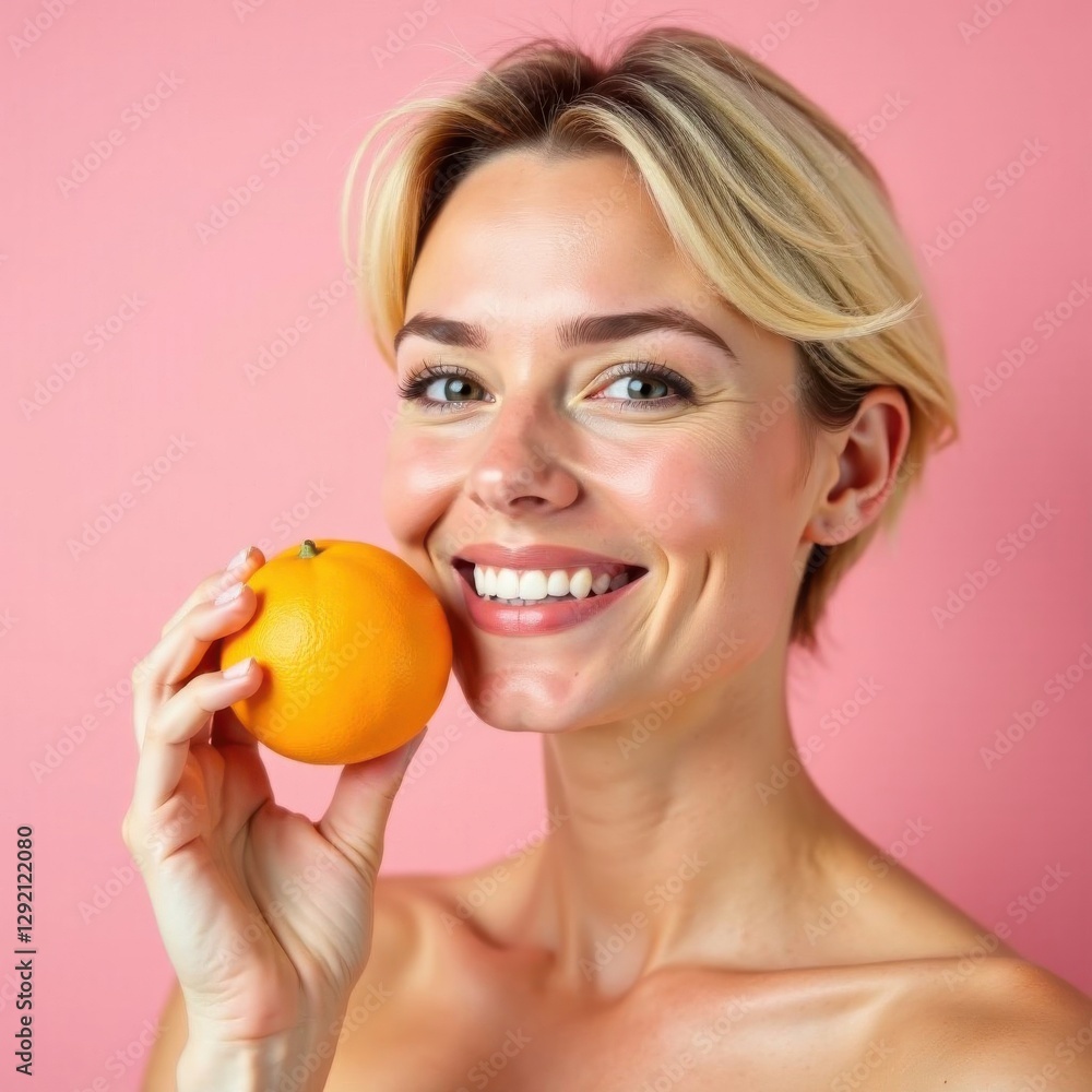 A cheerful woman poses with an orange in her hand showcasing her bright smile. The playful pink background enhances her joyful expression emphasizing freshness and positivity. A cheerful woman poses with an orange in her hand showcasing her bright smile. The playful pink background enhances her joyful expression emphasizing freshness and positivity.