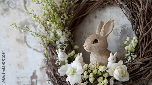 A whimsical Easter wreath of braided willow branches, decorated with soft flowers and small bunny figurines peeking through.