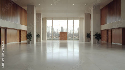 Modern lobby  city view  spacious  tranquil