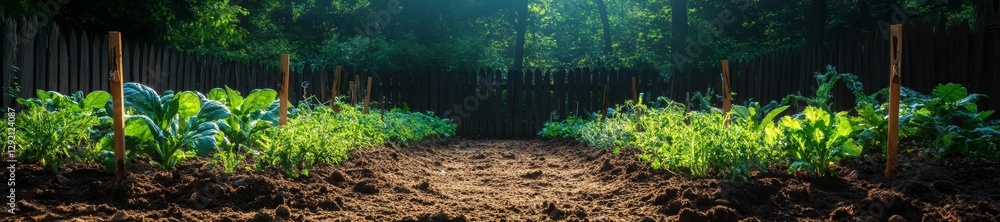 Fototapeta premium Vibrant Vegetable Garden with Freshly Planted Crops and Wooden Stakes. Generative AI