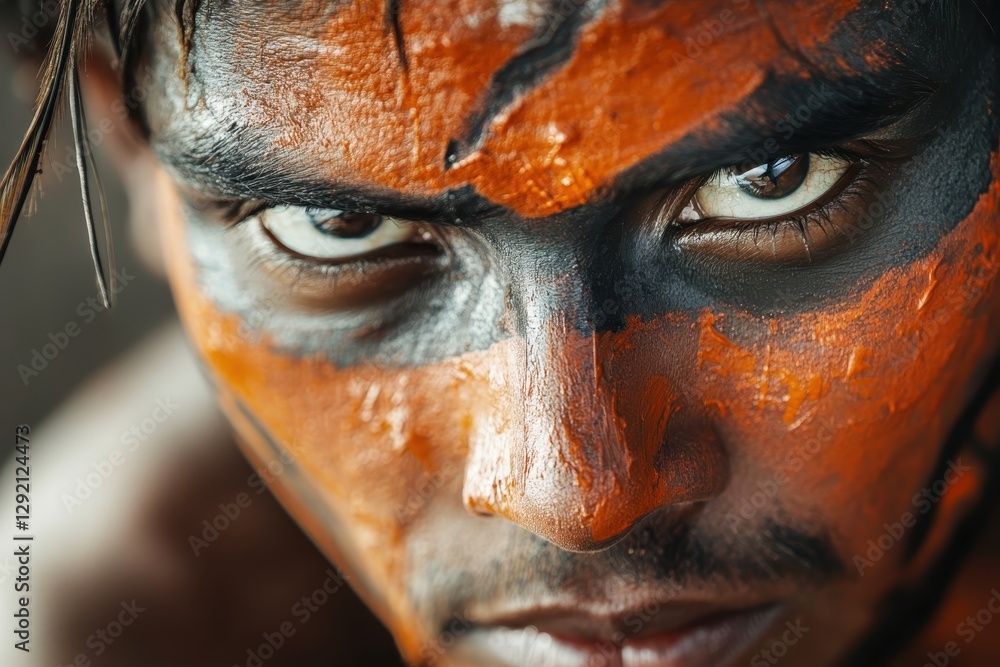 Indigenous man wearing traditional war paint showing determination Indigenous man wearing traditional war paint showing determination