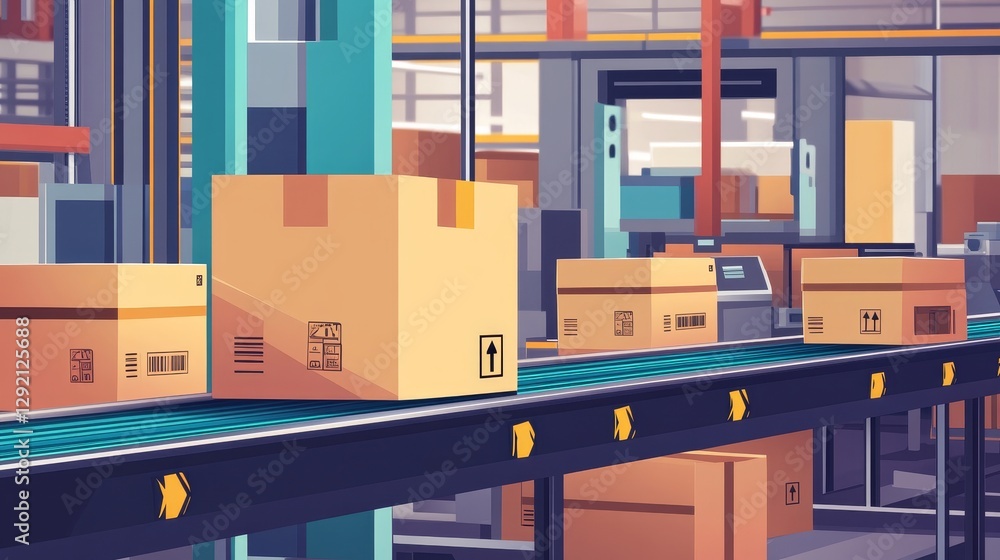 The factory conveyor on packing in flat style. Conveyor Automatic Production Line with Cardboard Boxes.Production Process on the Line Conveyor.Industrial machine.engineering vector illustration The factory conveyor on packing in flat style. Conveyor Automatic Production Line with Cardboard Boxes.Production Process on the Line Conveyor.Industrial machine.engineering vector illustration