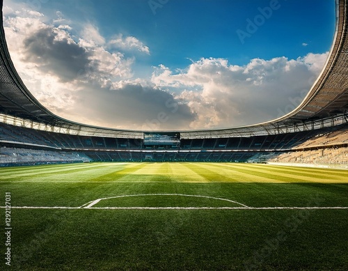 a pristine soccer field stretches out before a grand stadium under a bright partly cloudy sky the stands are empty but ready for a match