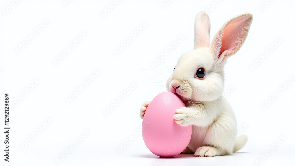 Fototapeta premium cute bunny holds pink easter egg white