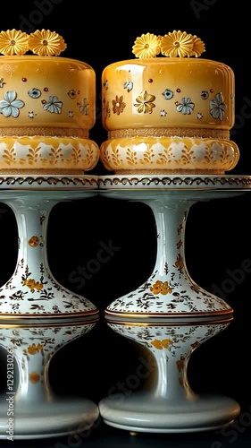 Two ornate cake stands with floral design, symmetrical display, still life, potential use in a high-end home decor image