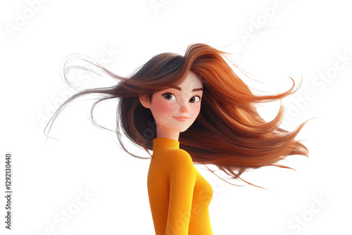 3D character girl with flowing hair in yellow sweater looking back isolated on transparent png background