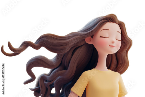 3D character girl with long flowing hair wearing yellow shirt smiling isolated on transparent png background