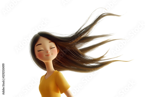 3D character girl with long flowing hair wearing yellow shirt smiling happily  isolated on transparent png background
