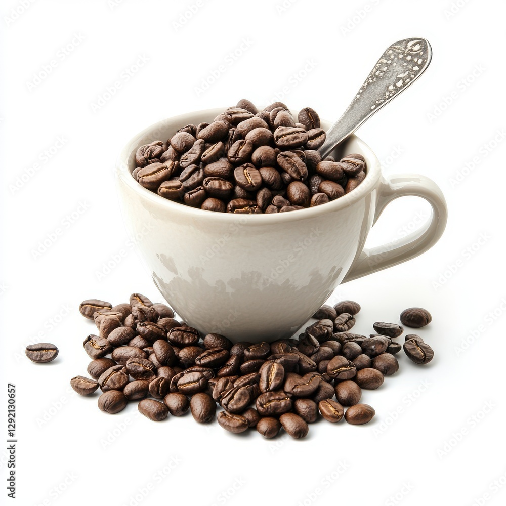 Cup of Coffee Beans with Spoon – Isolated on White Background Cup of Coffee Beans with Spoon – Isolated on White Background