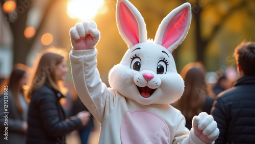 person dressed rabbit holds hand celebration dances easter