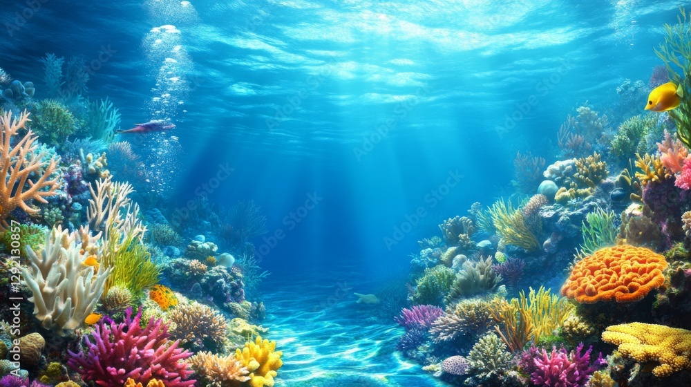 Naklejka premium Underwater coral reef vibrant marine life, sun rays, peaceful scene. Possible use Stock photo for nature, travel, or educational materials