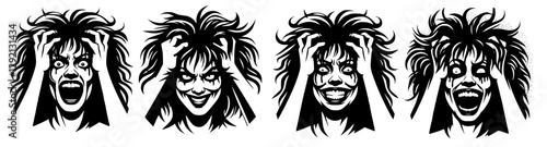 Four vector drawings of crazy scary mad woman
