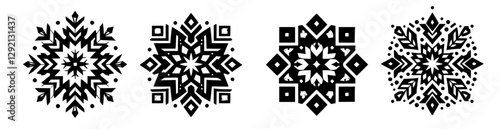 Four snowflakes shaped like mandala, black and white vector drawings
