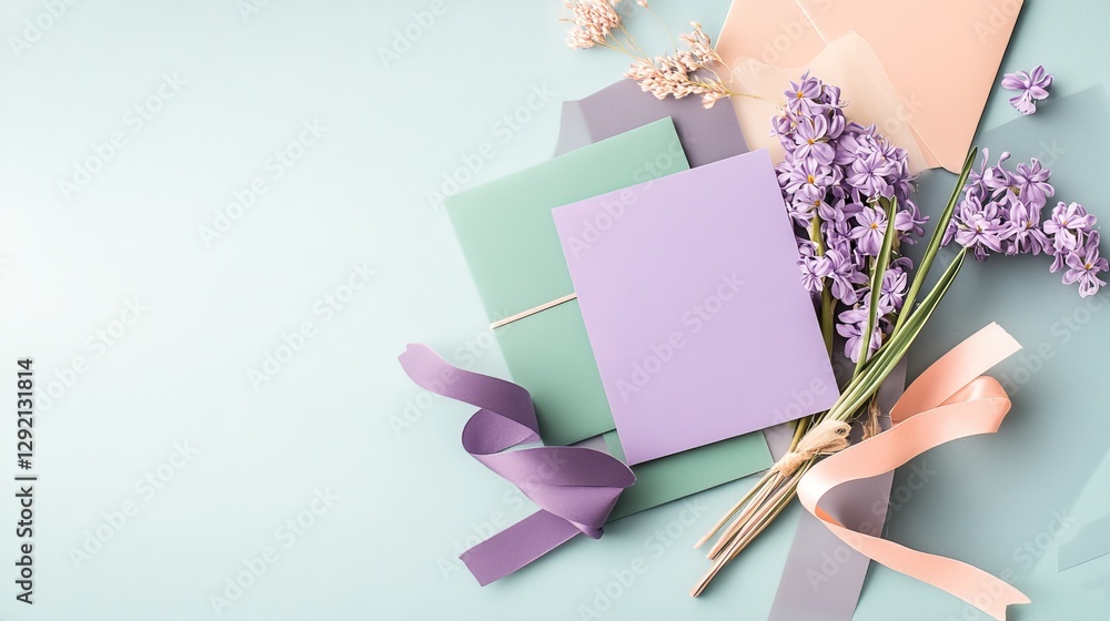 Purple envelope with blank card on green fabric, surrounded by purple hyacinth flowers and green ribbon. Wedding invitation template. Purple envelope with blank card on green fabric, surrounded by purple hyacinth flowers and green ribbon. Wedding invitation template.