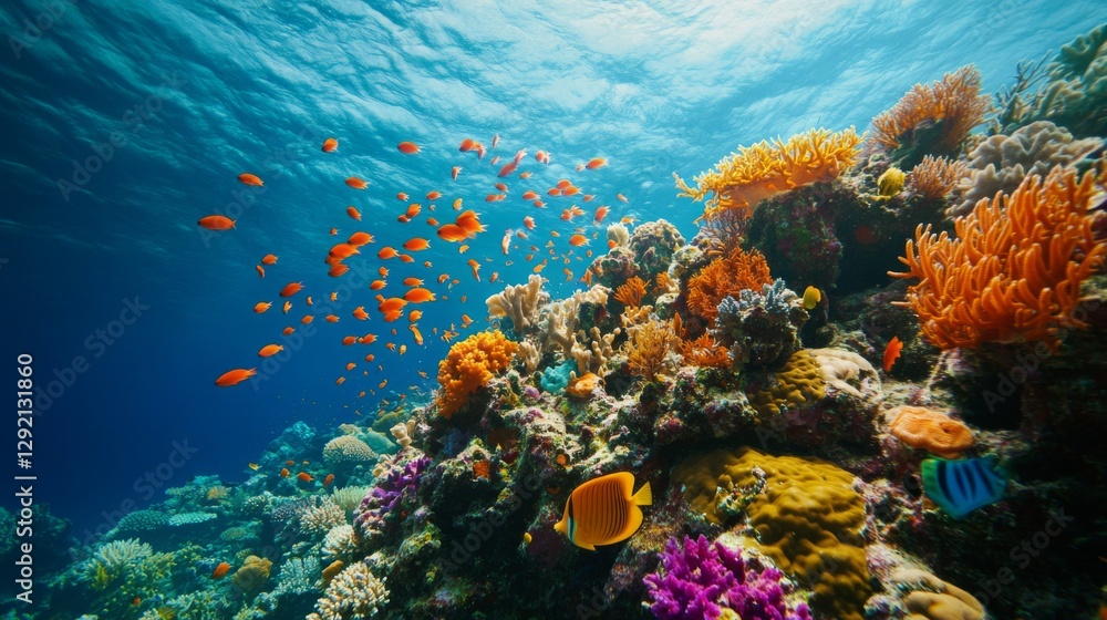 Naklejka premium Vibrant coral reef teeming with colorful fish underwater