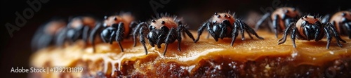 Close-up of rubber spiders crawling over a cake adding a spooky touch. Generative AI photo