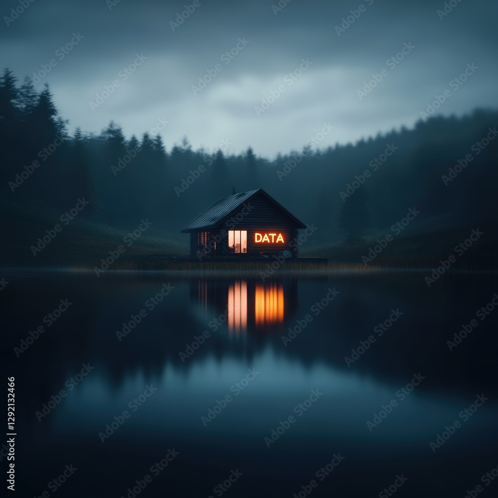 Fototapeta premium Log Cabin Reflecting in a Misty Lake at Night with 'Data' Sign