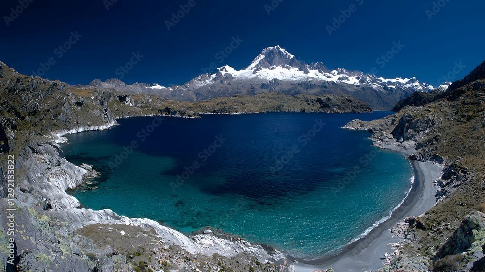 Obraz premium Andean lake, snow-capped mountain, clear sky, tranquil scene, travel postcard