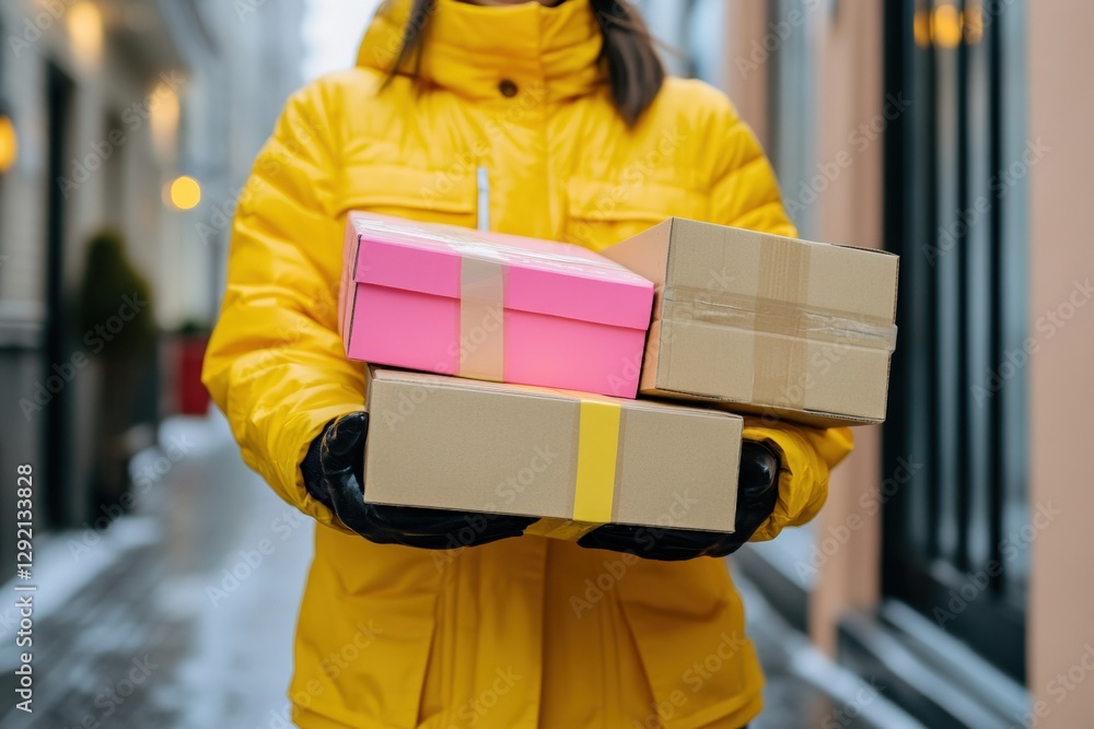 Courier in bright uniform delivers packages on a city street. Generative AI Courier in bright uniform delivers packages on a city street. Generative AI