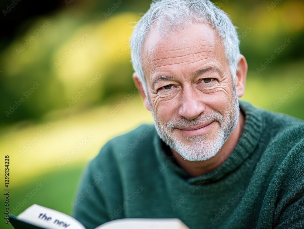 Portrait of a smiling senior man reading a book outdoors Portrait of a smiling senior man reading a book outdoors