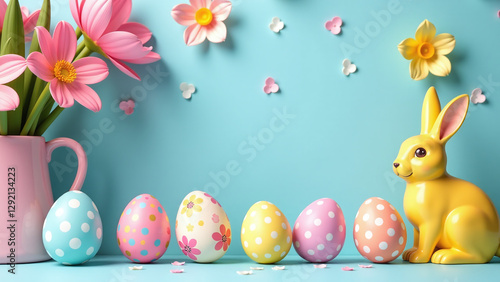 Wallpaper Mural colorful bunny eggs spring flowers modern desk surrounded happy easter decorations flat lay design Torontodigital.ca