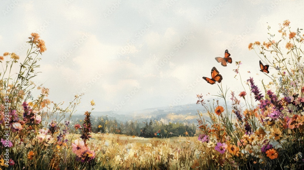 Fototapeta premium A painting of a field with butterflies and flowers
