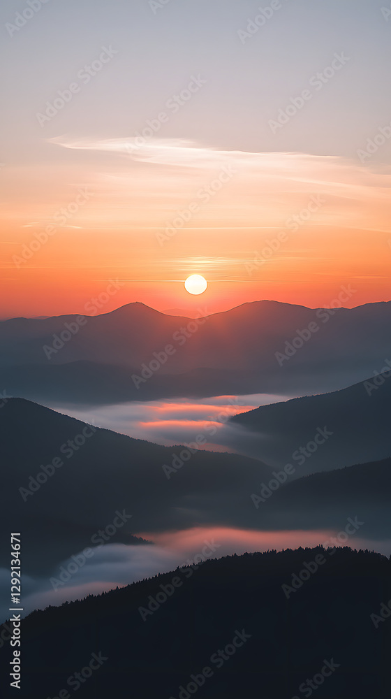 Fototapeta premium Sunrise over the mountains, with mist rising from below and the sun at the center 