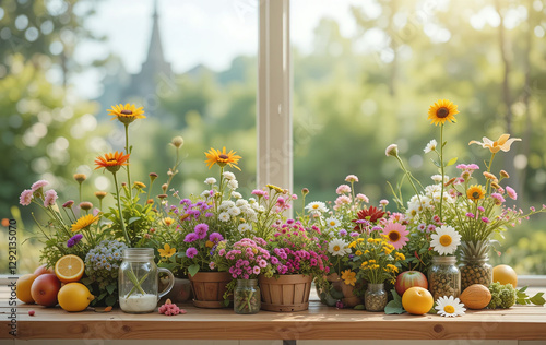 flower, flowers, bouquet, decoration, wedding, vase, food, table, still life, arrangement, autumn, garden, nature, orange, yellow, celebration, decor, fruit, color, floral, spring, wood, event, leaf, 