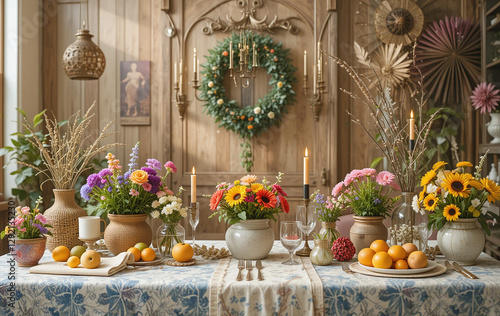 flower, flowers, bouquet, decoration, wedding, vase, food, table, still life, arrangement, autumn, garden, nature, orange, yellow, celebration, decor, fruit, color, floral, spring, wood, event, leaf, 