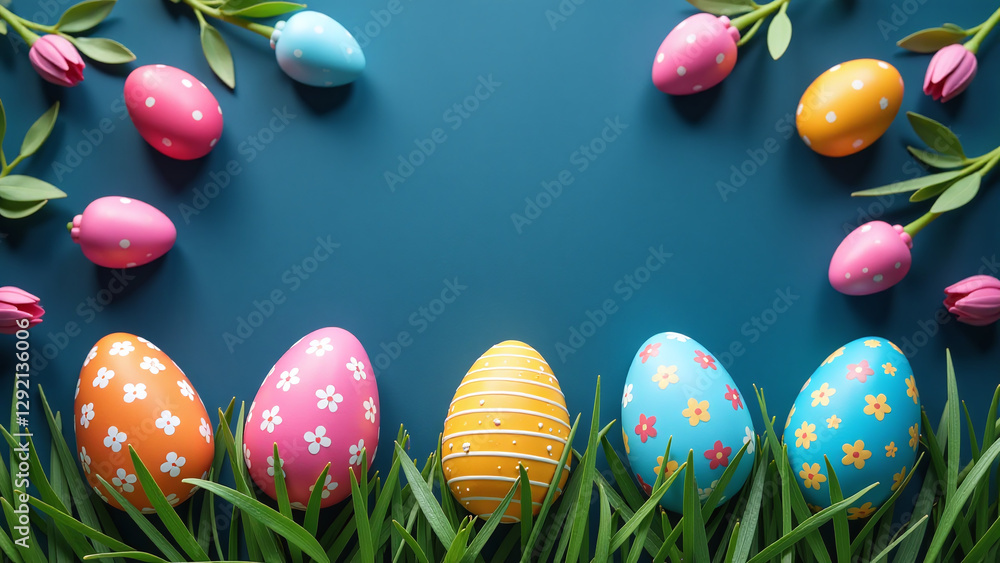 Fototapeta premium colorful easter eggs dark blue background make happy easter greeting card plenty visual