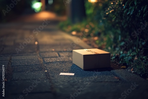 Delivery box left unattended on sidewalk at night. Generative AI photo