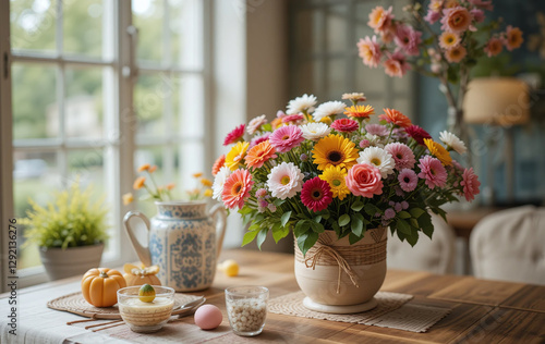 flower, flowers, bouquet, decoration, wedding, vase, food, table, still life, arrangement, autumn, garden, nature, orange, yellow, celebration, decor, fruit, color, floral, spring, wood, event, leaf, 