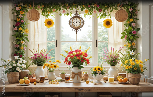 flower, flowers, bouquet, decoration, wedding, vase, food, table, still life, arrangement, autumn, garden, nature, orange, yellow, celebration, decor, fruit, color, floral, spring, wood, event, leaf, 