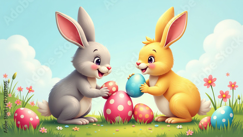 colorful illustrations easter bunnies chickens paint vibrant easter eggs together happily outside sunny day photo