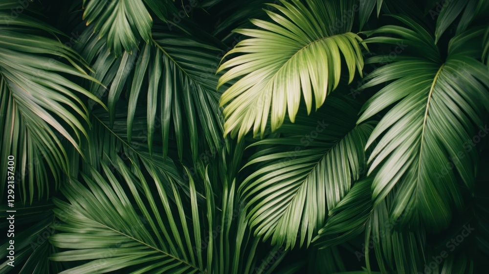 lush green palm leaves create dense, vibrant pattern. tropical nature background conveys freshness and tranquility. print design, poster, digital wallpaper. lush green palm leaves create dense, vibrant pattern. tropical nature background conveys freshness and tranquility. print design, poster, digital wallpaper.