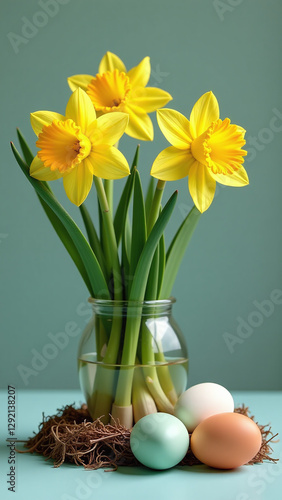 daffodils easter eggs look unnatural together decorative photo