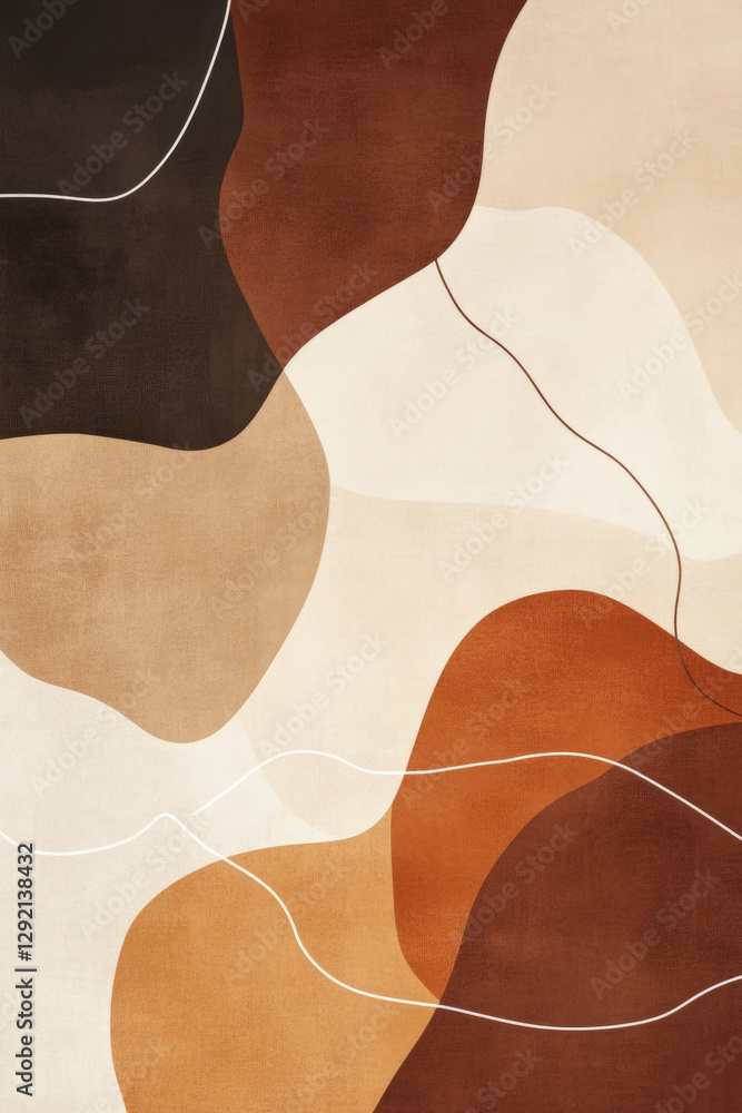 An abstract composition of organic shapes in warm earth tones of brown, rust, beige, and cream, connected by delicate white linear elements. Generative AI An abstract composition of organic shapes in warm earth tones of brown, rust, beige, and cream, connected by delicate white linear elements. Generative AI
