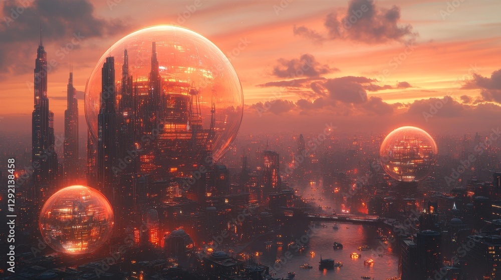Futuristic glowing city with spherical structures and floating platforms in a sci-fi urban landscape. Generative AI Futuristic glowing city with spherical structures and floating platforms in a sci-fi urban landscape. Generative AI