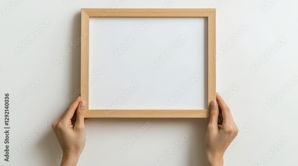A pair of hands holding a wooden frame with a blank white background, against a white wall A pair of hands holding a wooden frame with a blank white background, against a white wall
