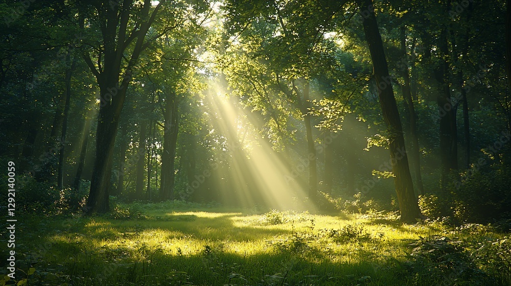 Fototapeta premium Sunbeams illuminate a tranquil forest scene.