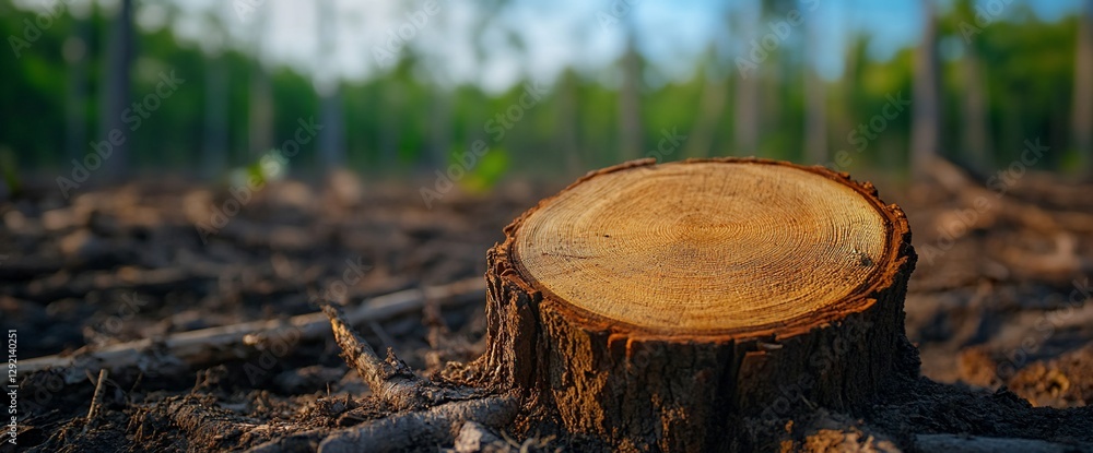 Tree stump in deforested area, sunlight, forest background Tree stump in deforested area, sunlight, forest background