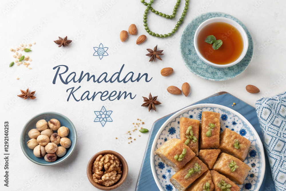Ramadan Kareem celebration with sweets, tea, and nuts Ramadan Kareem celebration with sweets, tea, and nuts
