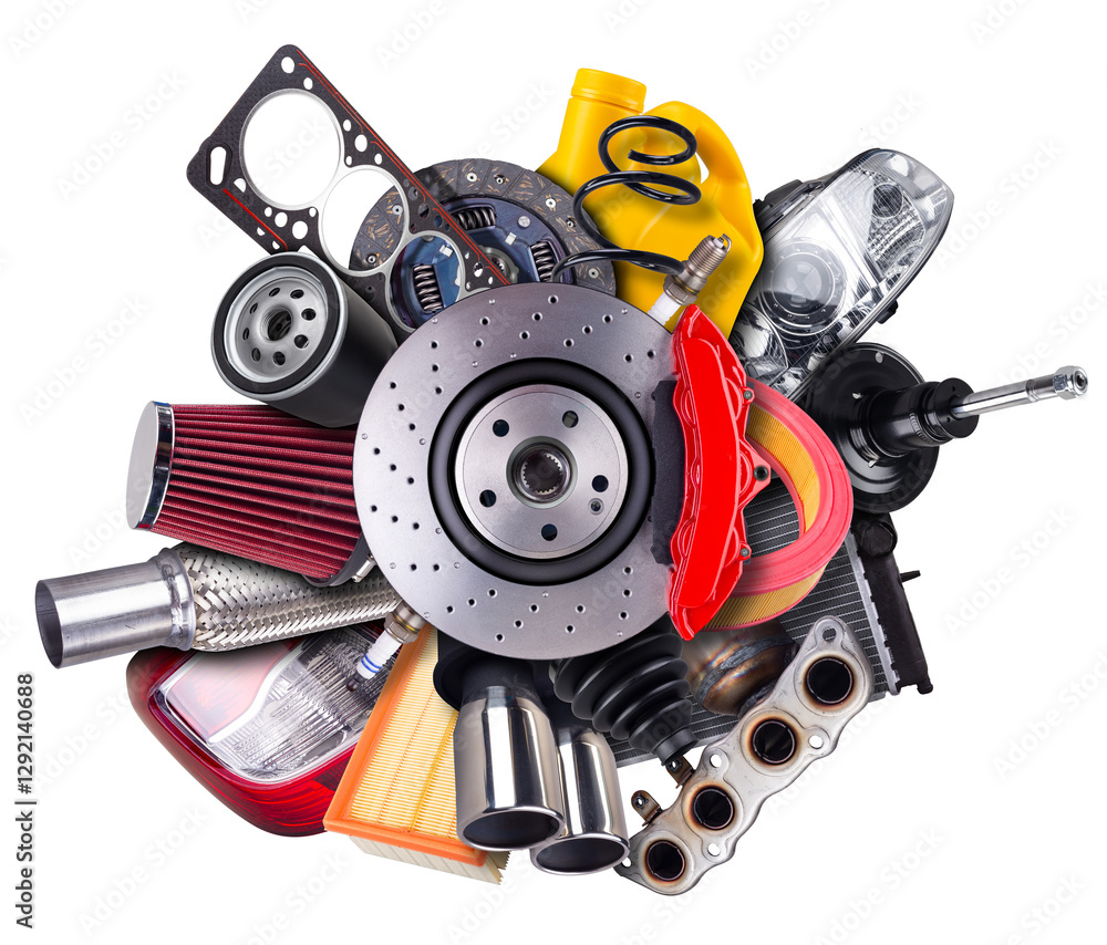 Various car automotive spare parts are arranged in an artistic display behin sport disc brake with red caliper, isolated white background. Car service and maintenance concept