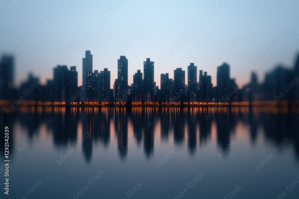 Naklejka premium cityscape at dusk reflected in water