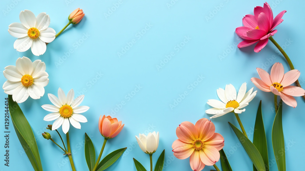 flat lay mock spring flowers blue background white flat lay mock spring flowers blue background white
